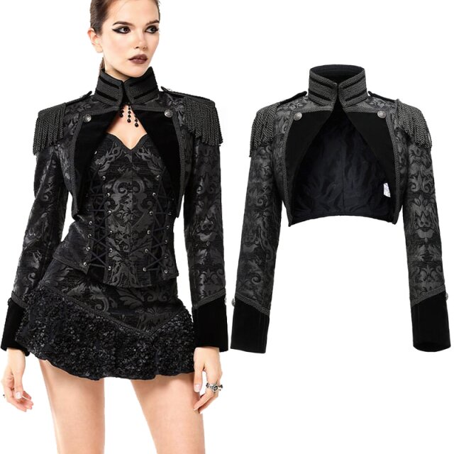 Schwarzer Brokat-Bolero von Pentagramme mit Samtkragen, fransigen Epauletten und Zierknöpfen. Viktorianisch inspirierter Reitstil, opulente Borten. Größen S–3XL.