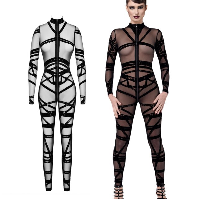 Semi-transparenter Noir Handmade Catsuit aus beflocktem...
