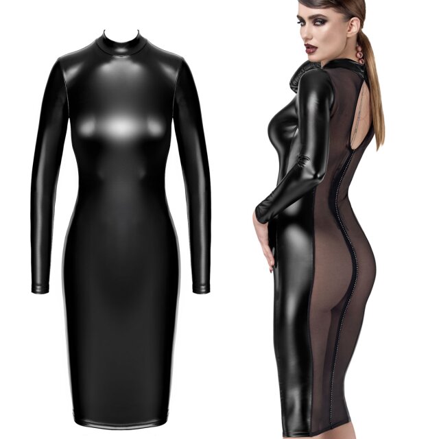 Figurbetontes Noir Handmade Midikleid aus formendem Power-Wetlook mit transparentem Rückeneinsatz, Strassband, langen Ärmeln und Stehkragen.