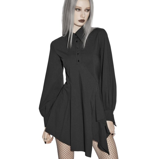 Gothic blouse dress (OPQ-934BK) with pointed collar & asymmetrical skirt at BOUDOIR NOIR. Short, lightweight, batwing-inspired & cleverly cut.