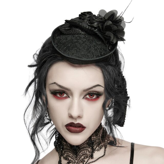 Black teardrop mini hat with fabric roses, chiffon pleats...