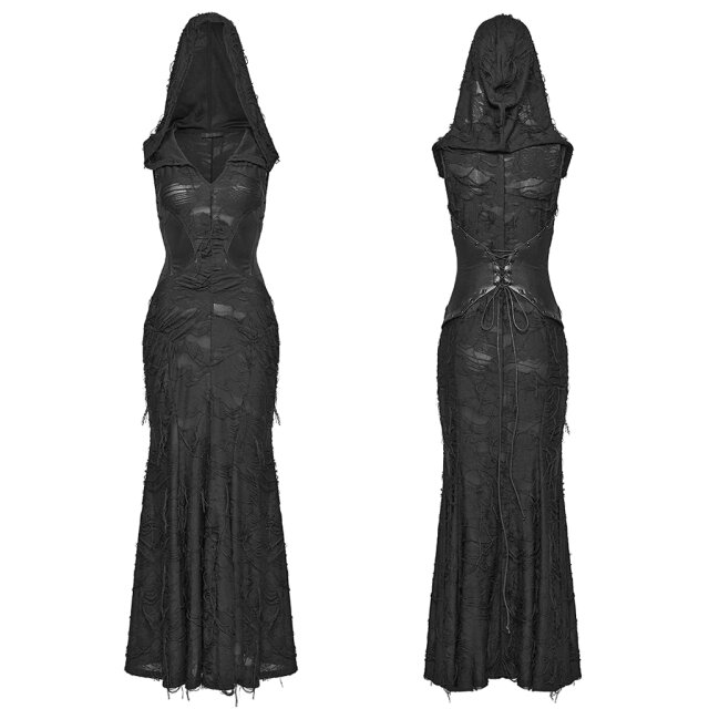 PUNK RAVE Wasteland Maxi Dress After the Ash in shredded look with XXL hood