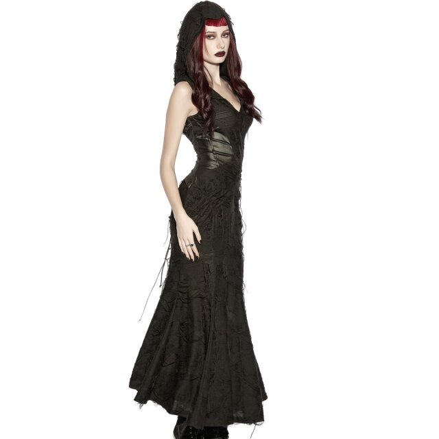 PUNK RAVE Wasteland Maxi Dress After the Ash in shredded look with XXL hood