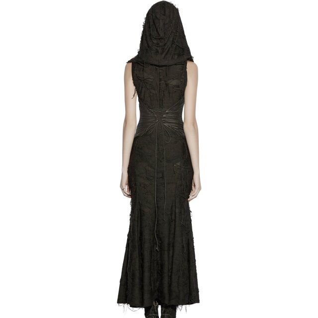 PUNK RAVE Wasteland Maxi Dress After the Ash in shredded look with XXL hood