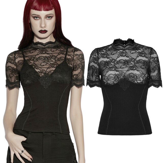 Tailliertes Gothic T-Shirt mit transparenter Spitze, Stehkragen und kurzen Ärmeln. Fein gerippter Jersey, elastisch und weich, mit ornamentalem Detail im Dekolleté.