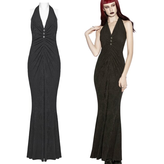 Elastisches Gothic Maxikleid mit Rosen-Jacquard, tiefem...