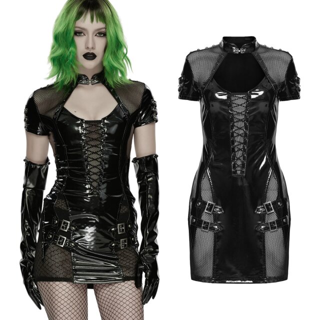 Enganliegendes Lack-Minikleid mit Netz-Einsätzen,...
