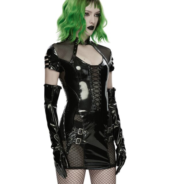 PUNK RAVE Cyber-Goth Patent Mini Dress Toxic Glow