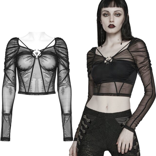 Transparent Gothic mesh top with a dramatic neckline,...