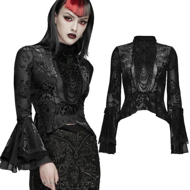 Transparent Gothic mesh shirt with velvet flocking, pearl...