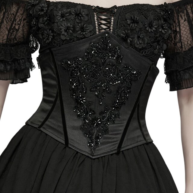Elegante Gothic Unterbrustkorsage mit barocker Perlenstickerei, Samtdetails und Schnürung. Figurbetont, hochwertig verarbeitet und düster-romantisch.