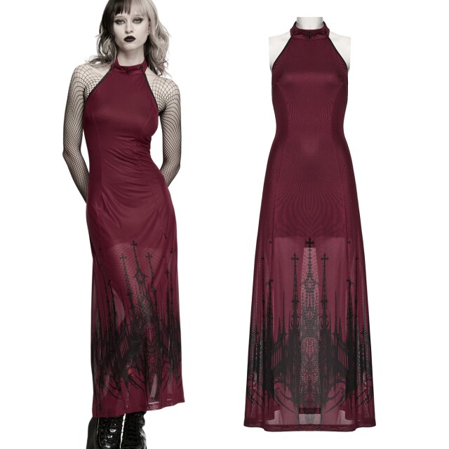Summery Gothic maxi dress in red mesh with a black...