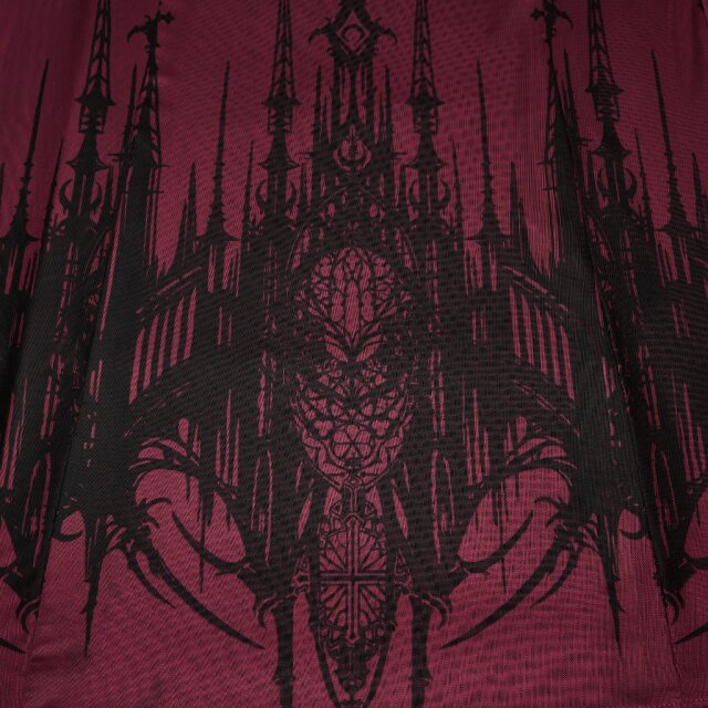 PUNK RAVE Gothic Maxikleid Saints in Scarlet mit Kathedralen-Print