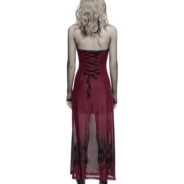 PUNK RAVE Gothic Maxi Dress Saints in Scarlet with Cathedral Print