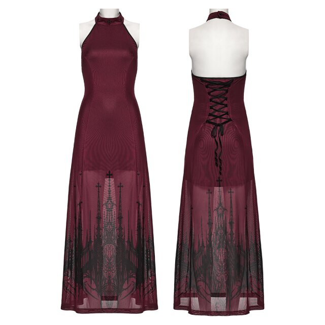 PUNK RAVE Gothic Maxi Dress Saints in Scarlet with Cathedral Print