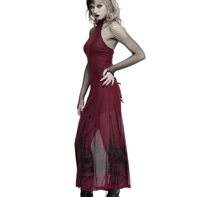 PUNK RAVE Gothic Maxi Dress Saints in Scarlet with Cathedral Print