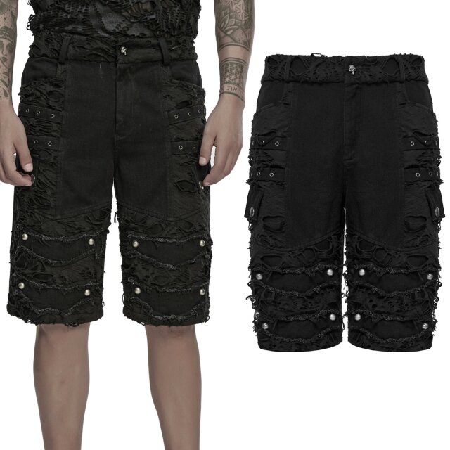 Schwarze Gothic Herren-Jeansshorts im Destroyed-Look mit...