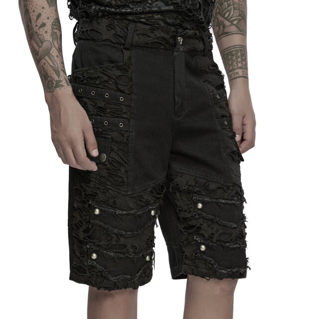 PUNK RAVE Men’s Gothic Denim Shorts Public Concern in Destroyed Look