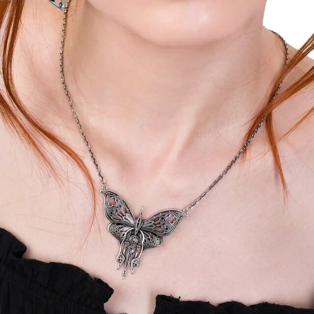 Restyle Gothic Necklace with Large Ornamental Moth in Antique Silver