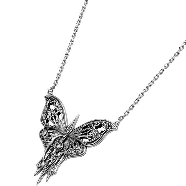 Restyle Gothic Necklace with Large Ornamental Moth in Antique Silver