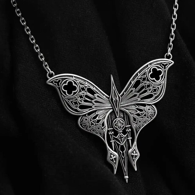 Restyle Gothic Necklace with Large Ornamental Moth in Antique Silver