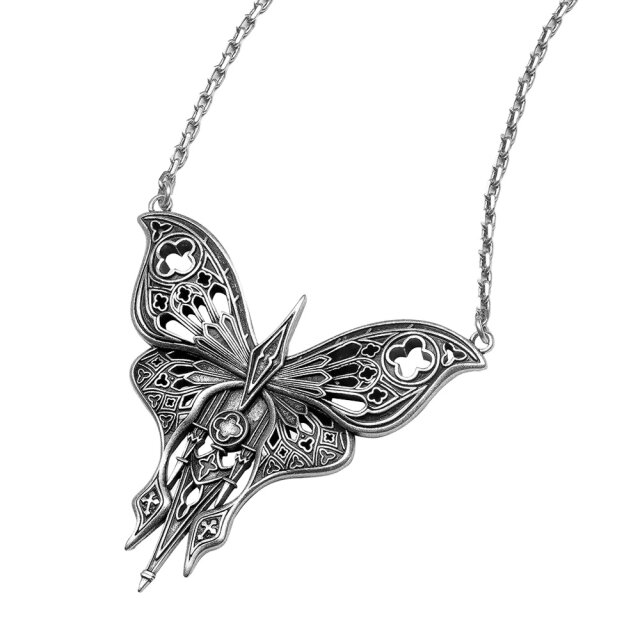 Restyle Gothic Necklace with Large Ornamental Moth in Antique Silver