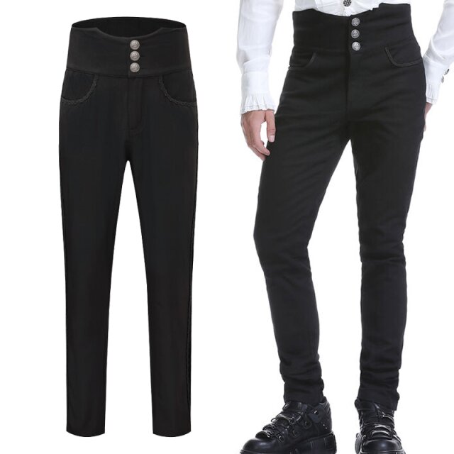 Victorian Gothic Herrenhose mit hohem Bund, Samtstreifen...