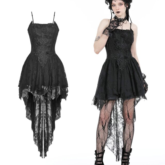 Black Gothic strappy dress with corset-style bodice, high-low lace skirt, 3D floral appliqués, detachable rose brooches, lace-up back and zip fastening, sizes XS–XXL