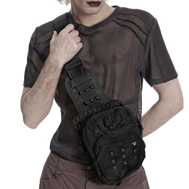 Post-apocalyptic cross-body bag with skull relief, studs, chains and versatile carrying options. Wear it as a shoulder bag or belt pouch, with multiple compartments and durable nylon construction.