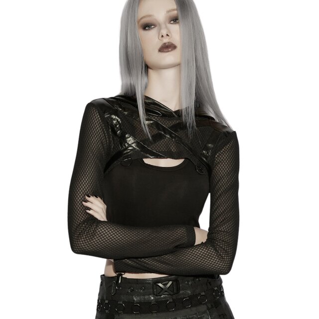 PUNK RAVE Cyber-Goth Cropped Hoodie Blackout Protocol