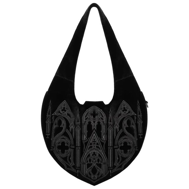 Große Gothic Hobo-Bag aus schwarzem Samt mit kunstvoller Kathedralen-Stickerei, praktischen Innenfächern und reichlich Platz für alles, was die Nacht so erfordert.