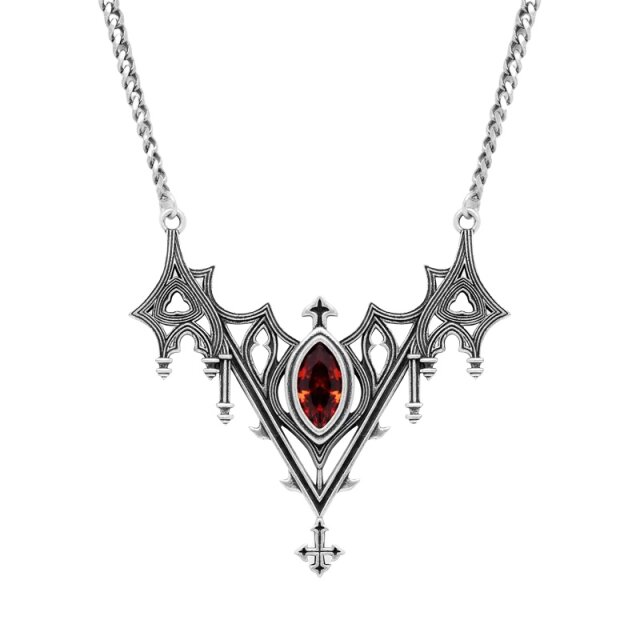 Gothic Halskette aus versilbertem Messing mit kunstvollem Kathedralen-Anhänger und facettiertem rotem Glasstein. Düster, elegant und voller sakraler Anmutung.