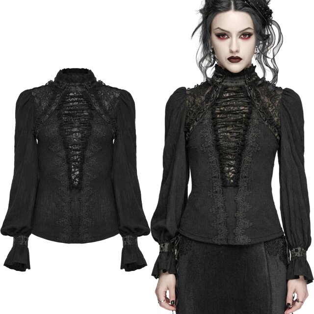 Romantic Goth long sleeve top with a ruffled stand-up...