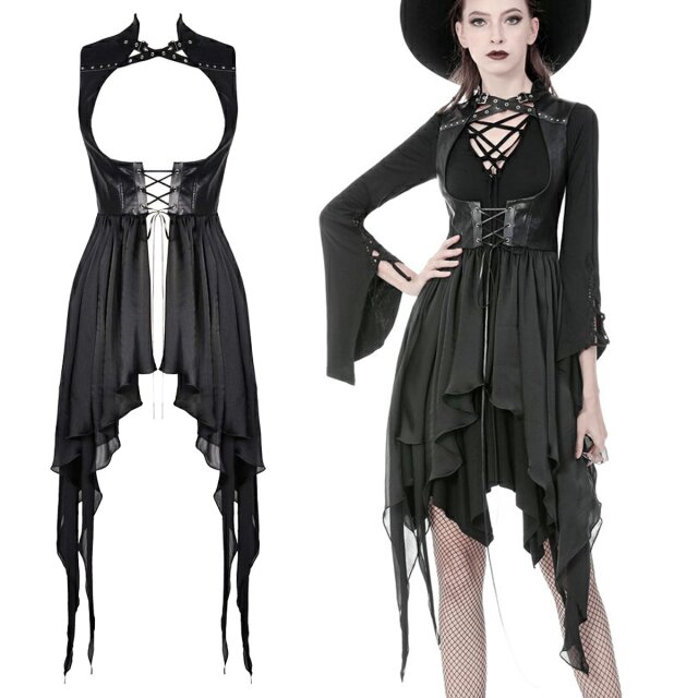 Gothic Weste mit figurbetontem Kunstleder-Oberteil, hohem Kragen, Dekolleté-Riemen, Taillenschnürung und angesetztem Zipfel-Überrock aus leichtem Chiffon. Düster, extravagant und wunderbar wandelbar.