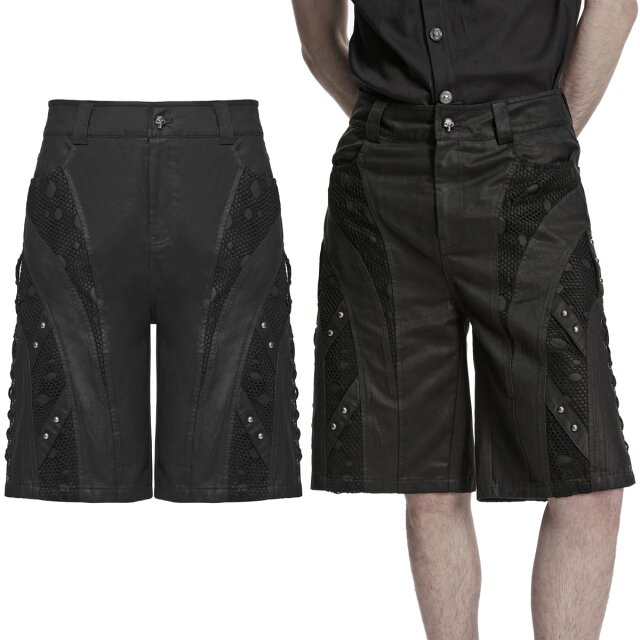 Gothic-Endzeit Shorts in robuster Nubuk-Lederoptik mit markanten Netzbesätzen, seitlichen Schnürungen, Nietenriemen und klassischem Schnitt. Bequem, strapazierfähig und ideal für Festivals und düstere Sommer-Looks.