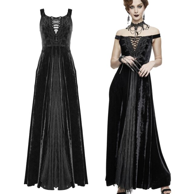Romantic Gothic Maxikleid aus weichem Samt mit wandelbaren Trägern, tiefem Schnürdekolleté, Chiffon-Lagenrock und feinen Fransen. Elegant, verspielt und perfekt für viktorianische sowie dunkelromantische Auftritte.