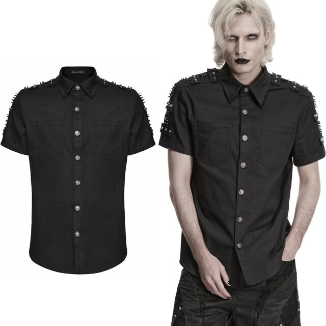 Gothic Kurzarm-Hemd aus elastischem Baumwoll-Denim mit...