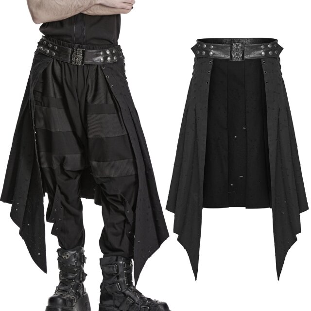 Gothic Endzeit Halb-Kilt aus aufgerissenem schwarzem Denim mit asymmetrischen Zipfeln, Totenkopf-Schnalle, Kunstlederbund und seitlichen Schnürungen. Perfekt über Hose oder Shorts.