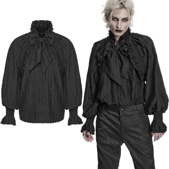 Gothic Herrenhemd im verruchten Dandy- und Musketier-Stil mit ausgefranster Struktur, weiter Passform, bauschigen Ärmeln, Spitzenrüsche und wandelbarer Schluppe. Größen S bis 5XL.