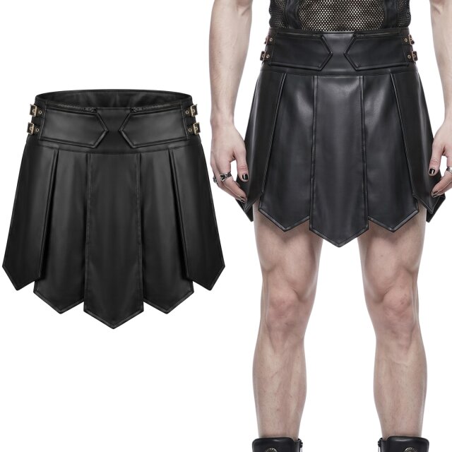 Gothic Kunstleder Herrenrock im markanten Kilt-Stil aus mattem Wetlook mit verstellbarem Bund, funktionellen Reißverschlusstaschen und spitz zulaufenden Bahnen. Ideal für Club, Festival und Fetisch-Partys.