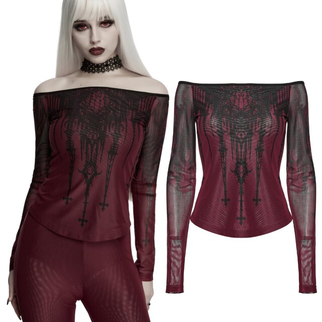 Figure-hugging Gothic mesh shirt in blood red with a black cathedral print, versatile Bardot neckline, black mesh front lining and long sleeves. Soft, stretchy and available in XS to XXL.
