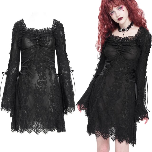 Romantic Gothic lace mini dress crafted from floral lace with a subtly sheer look, trumpet sleeves, lace-up details, 3D flowers, pearls and baroque metal crosses. Available in sizes XS to 3XL.