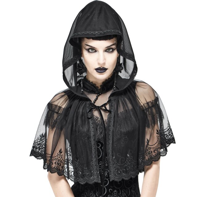 Transparent Romantic Goth mesh cape with a large hood,...