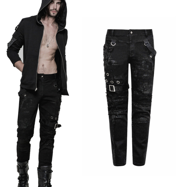 Punk-Rave WK-319NCM/BK Black rag pants in gothic-punk look. With cool buckles & straps