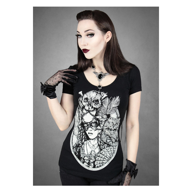 Gothic T-Shirt schwarz "Rokoko Lady mit Katze" - Größe: S