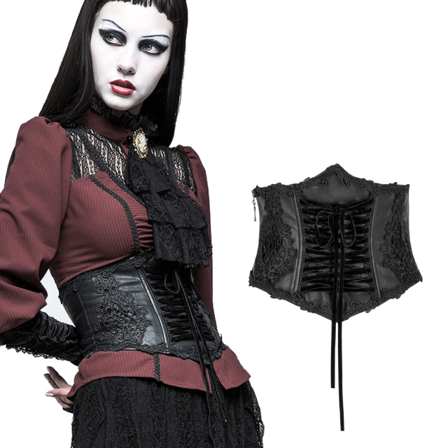 PUNK RAVE LS-045BK wide gothic burlesque corset belt made of black soft veggie leather.
