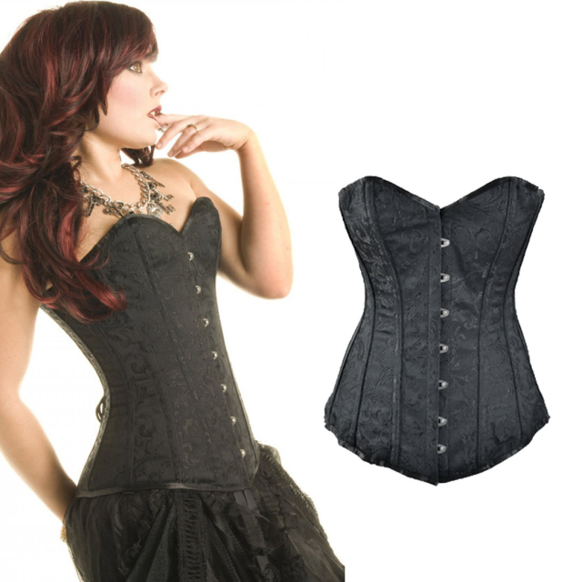 Edles schwarzes Brokat Vollbrust-Korsett mit Stäbchen und Strapshaltern. Viktorianische Damen Gothic Kleidung
