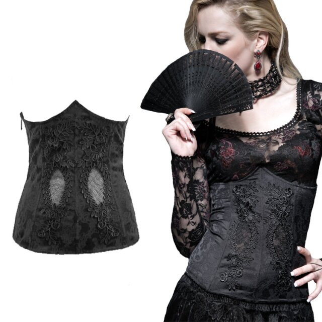 Schwarze verführerische Gothic Burlesque Unterbrust-Korsage mit Spitze von PUNK RAVE