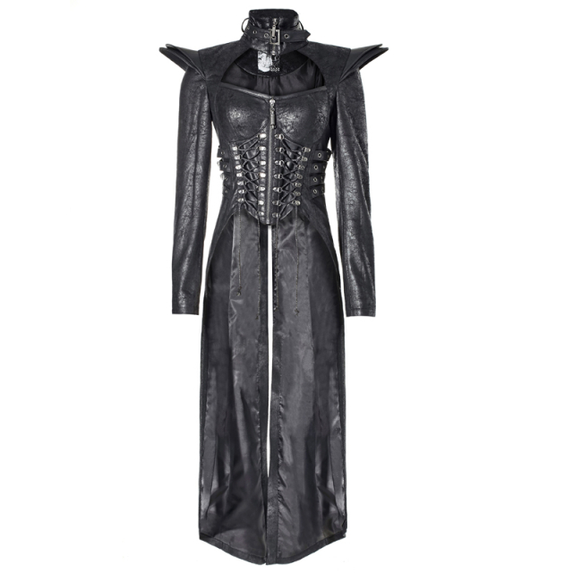 PUNK RAVE Y-670 langer Gothic Damen Mantel aus schwarzem Velours Material