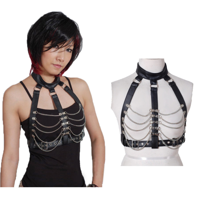 Seductive breast decoration with chains and straps for wild party nights. Women Gothic & Burlesque accessory